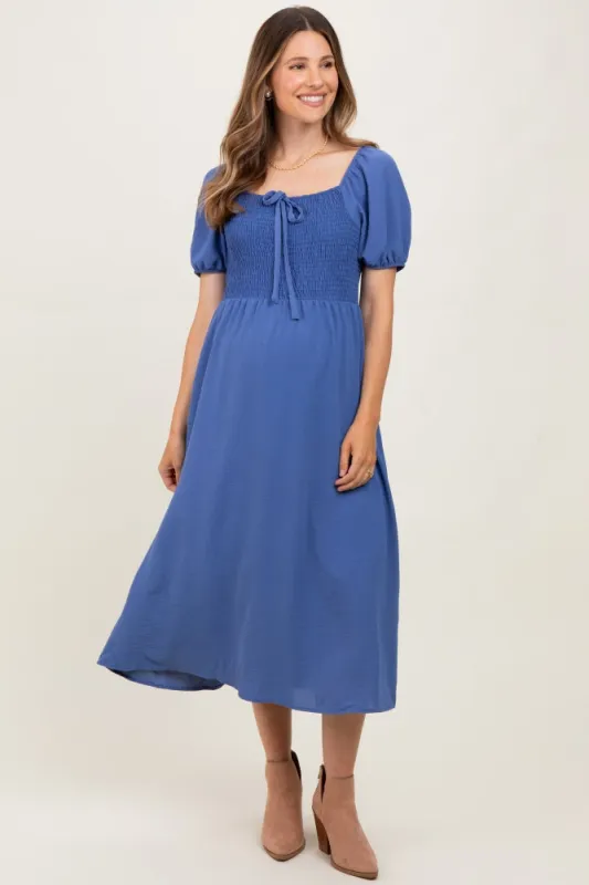 Navy Blue Smocked Square Neck Bow Detail Maternity Midi Dress sold by Pinkblush