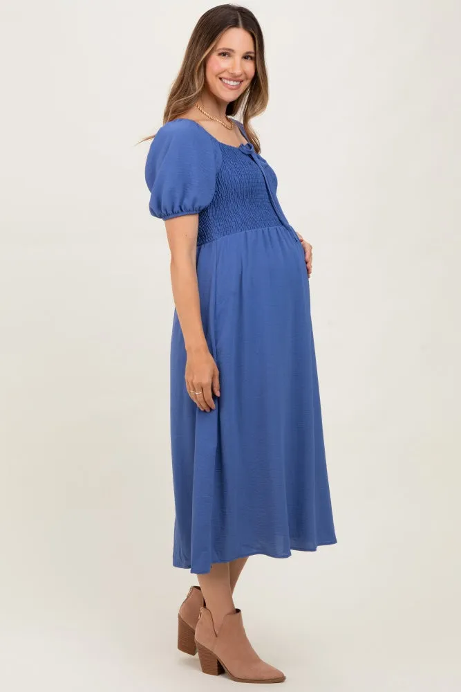 Navy Blue Smocked Square Neck Bow Detail Maternity Midi Dress sold by Pinkblush product image thumbnail 2