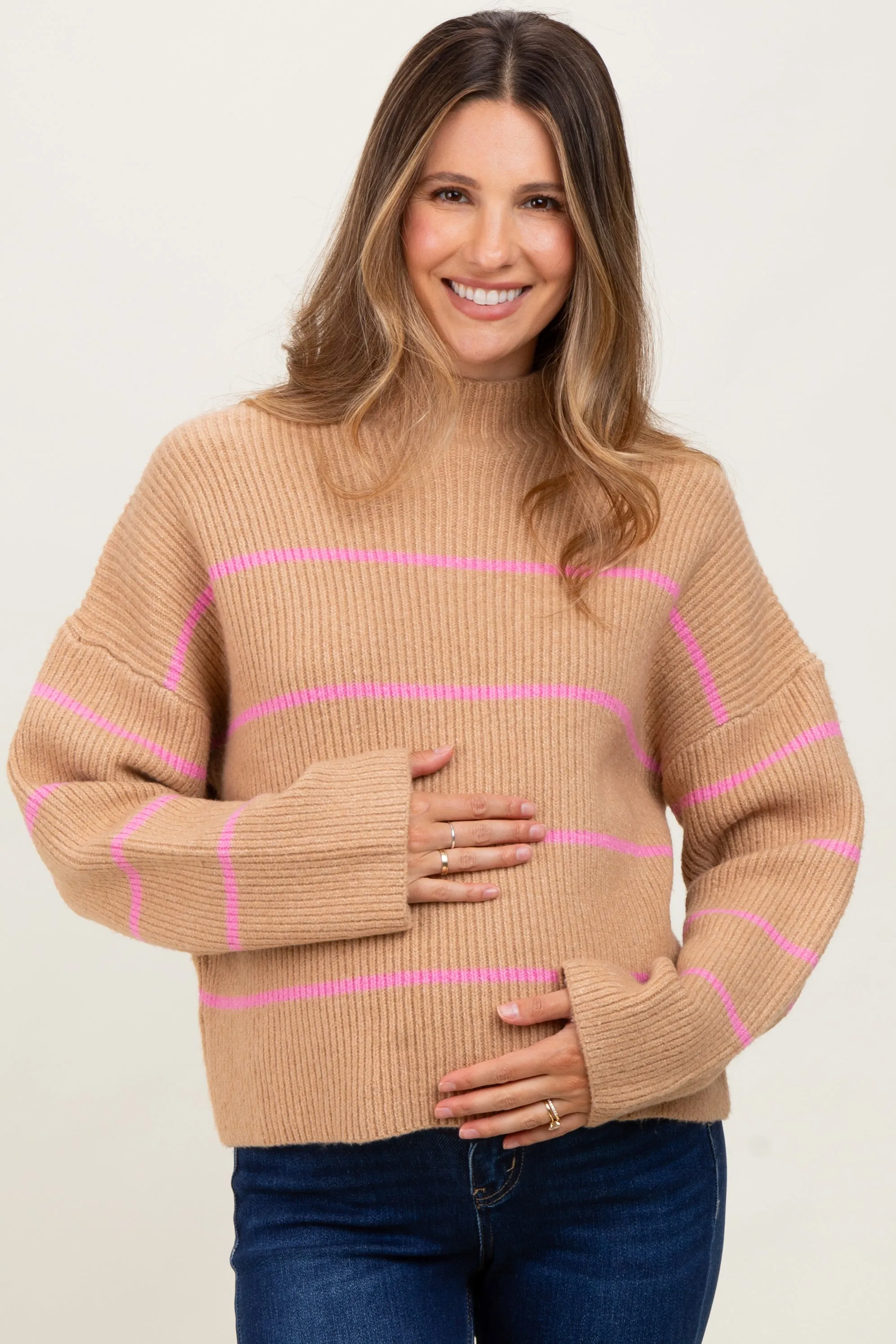 Taupe High Neck Ribbed Knit Maternity Sweater sold by Pinkblush
