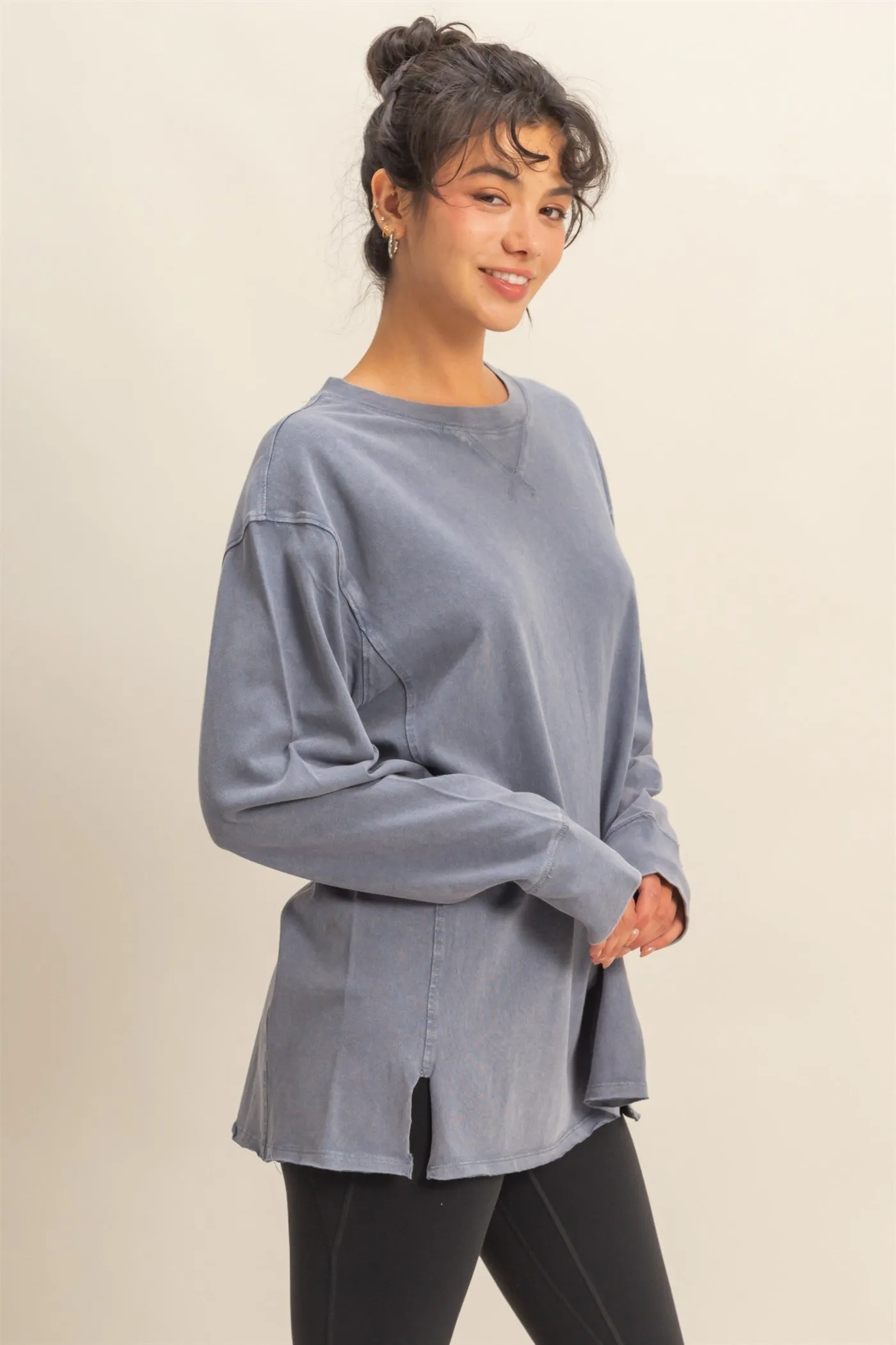 Navy Mineral Washed Drop Shoulder Long Sleeve Top sold by Pinkblush product image thumbnail 3