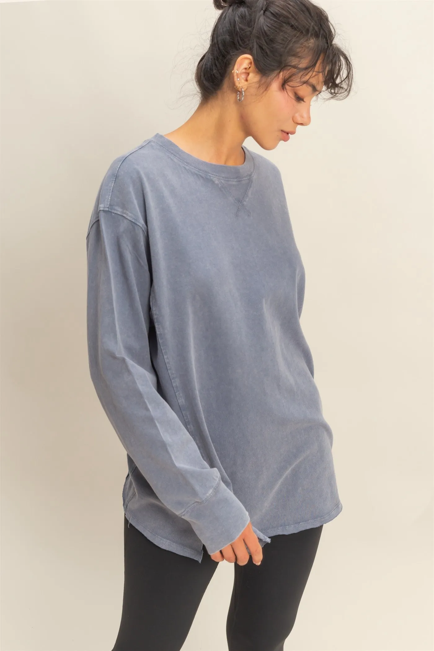 Navy Mineral Washed Drop Shoulder Long Sleeve Top sold by Pinkblush