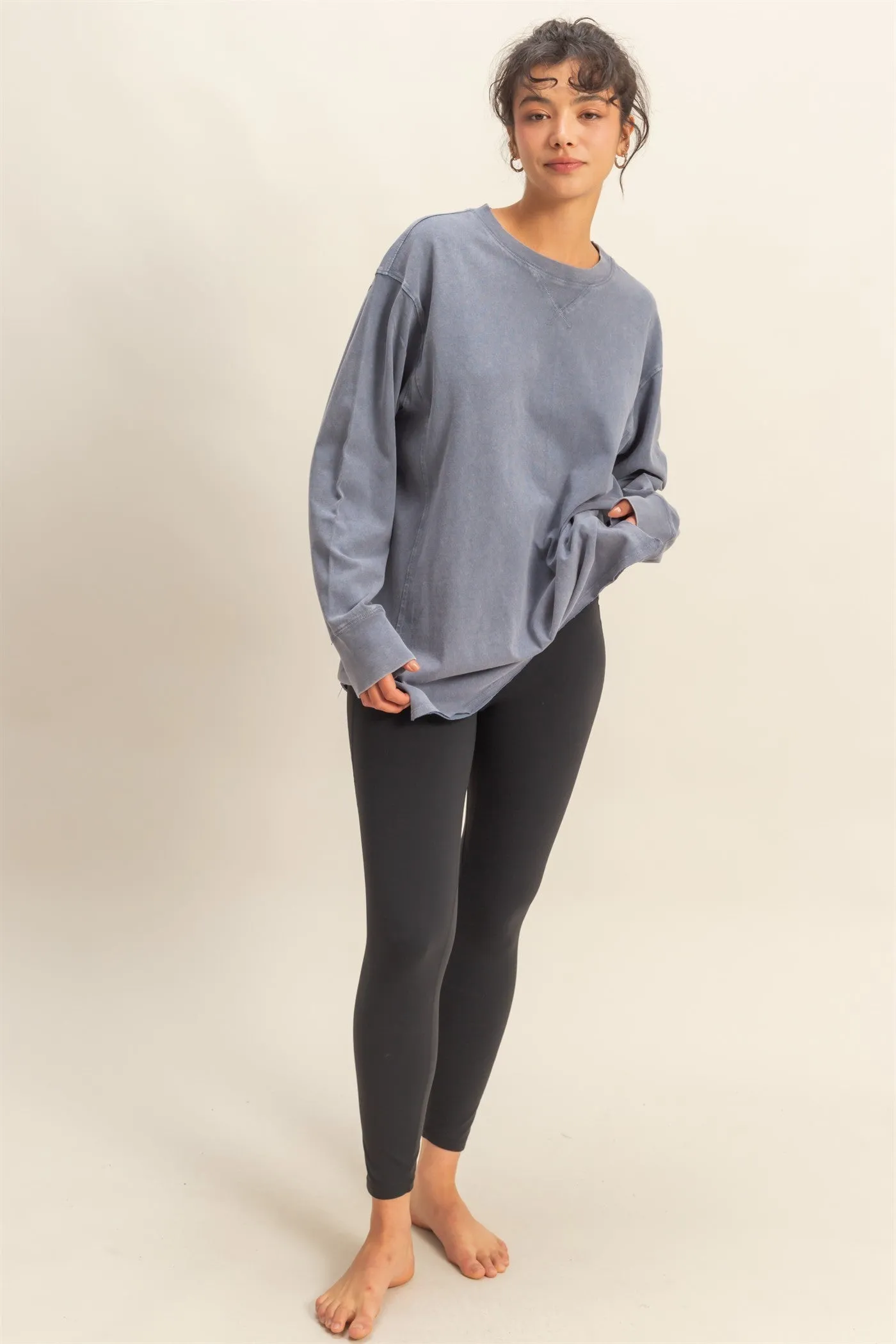 Navy Mineral Washed Drop Shoulder Long Sleeve Top sold by Pinkblush product image thumbnail 5