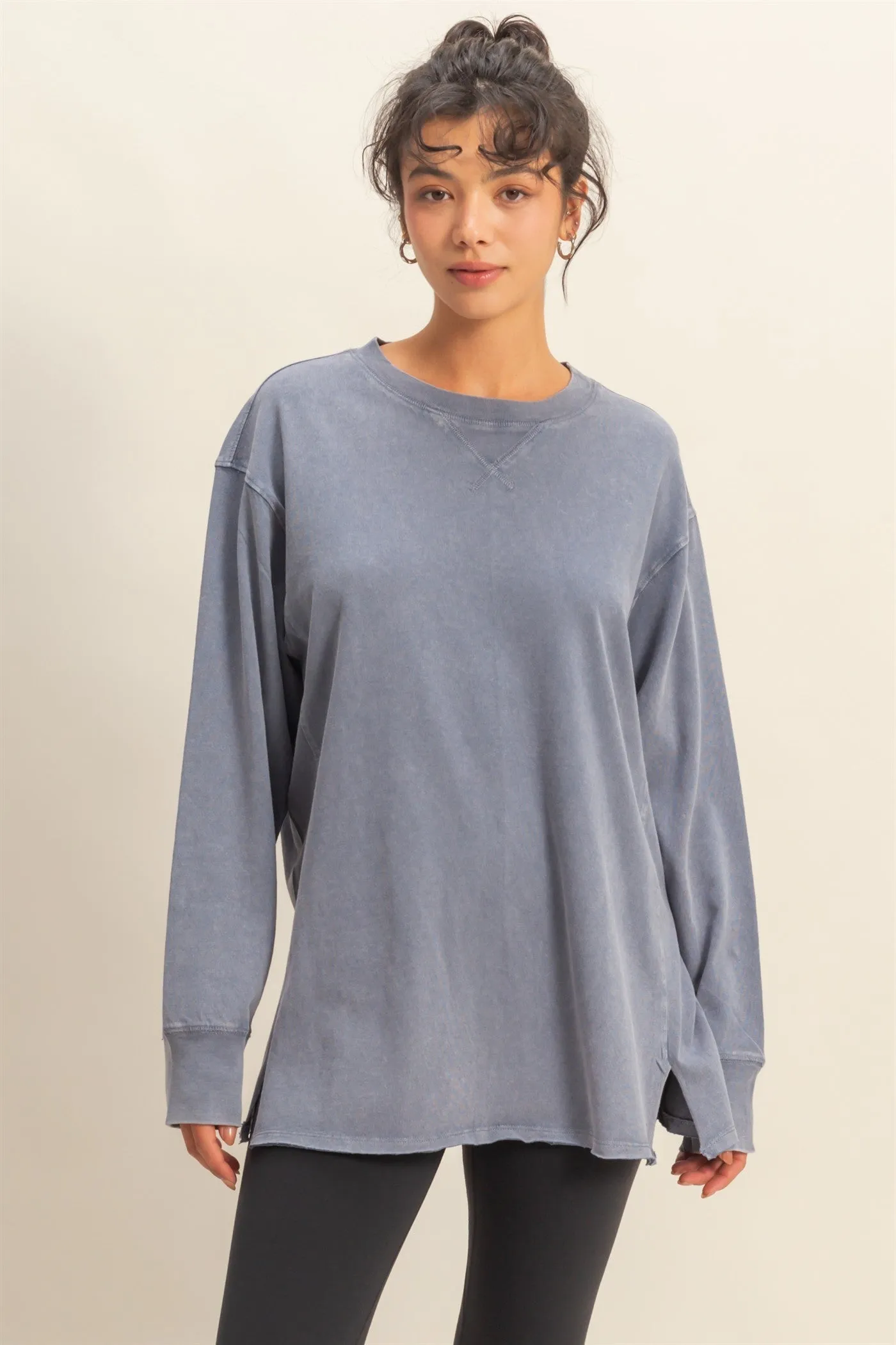Navy Mineral Washed Drop Shoulder Long Sleeve Top sold by Pinkblush product image thumbnail 2