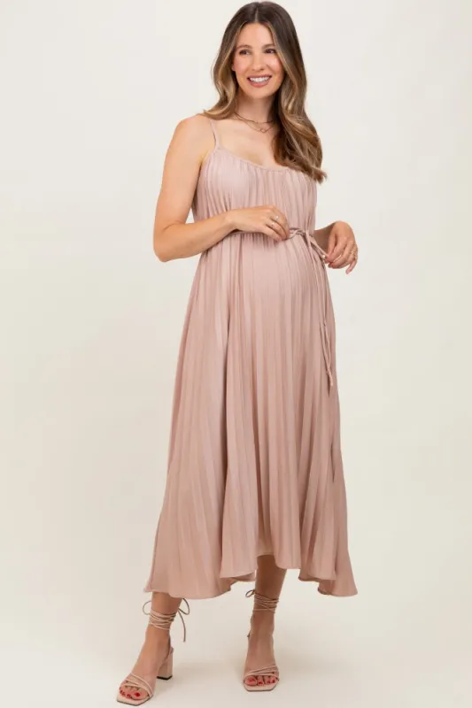 Mocha Pleated Sash Tie Maternity Midi Dress sold by Pinkblush