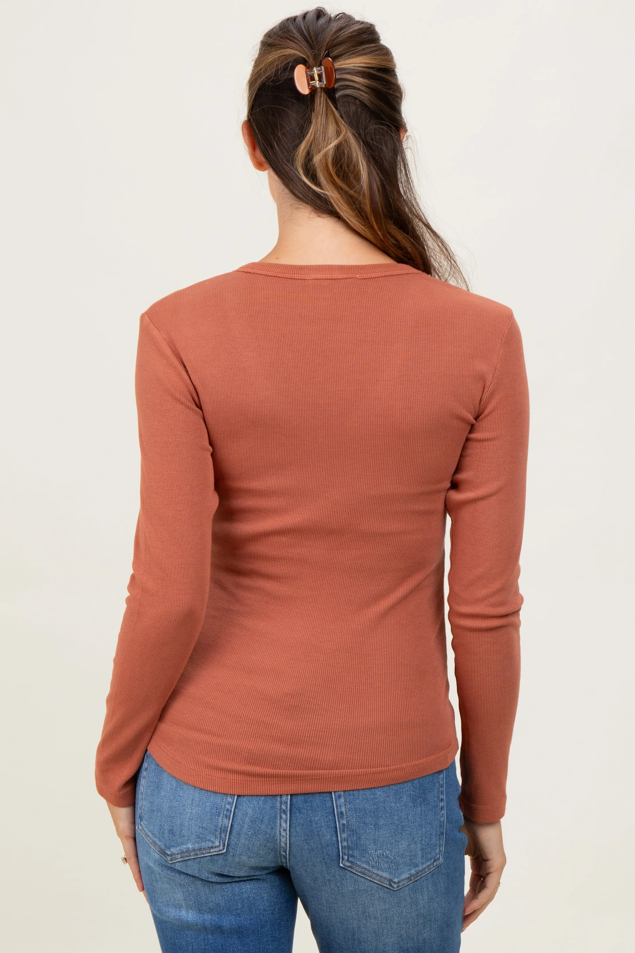 Rust Fine Rib V-Neck Maternity Long Sleeve Top sold by Pinkblush product image thumbnail 3
