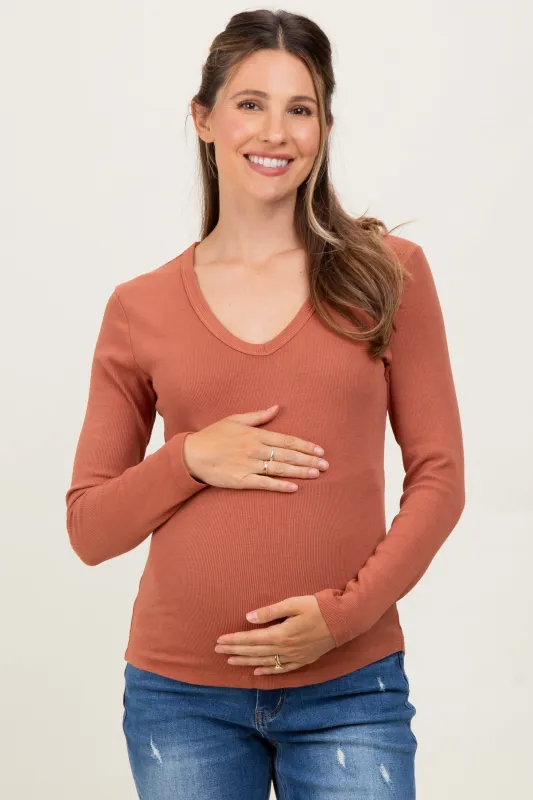 Rust Fine Rib V-Neck Maternity Long Sleeve Top sold by Pinkblush
