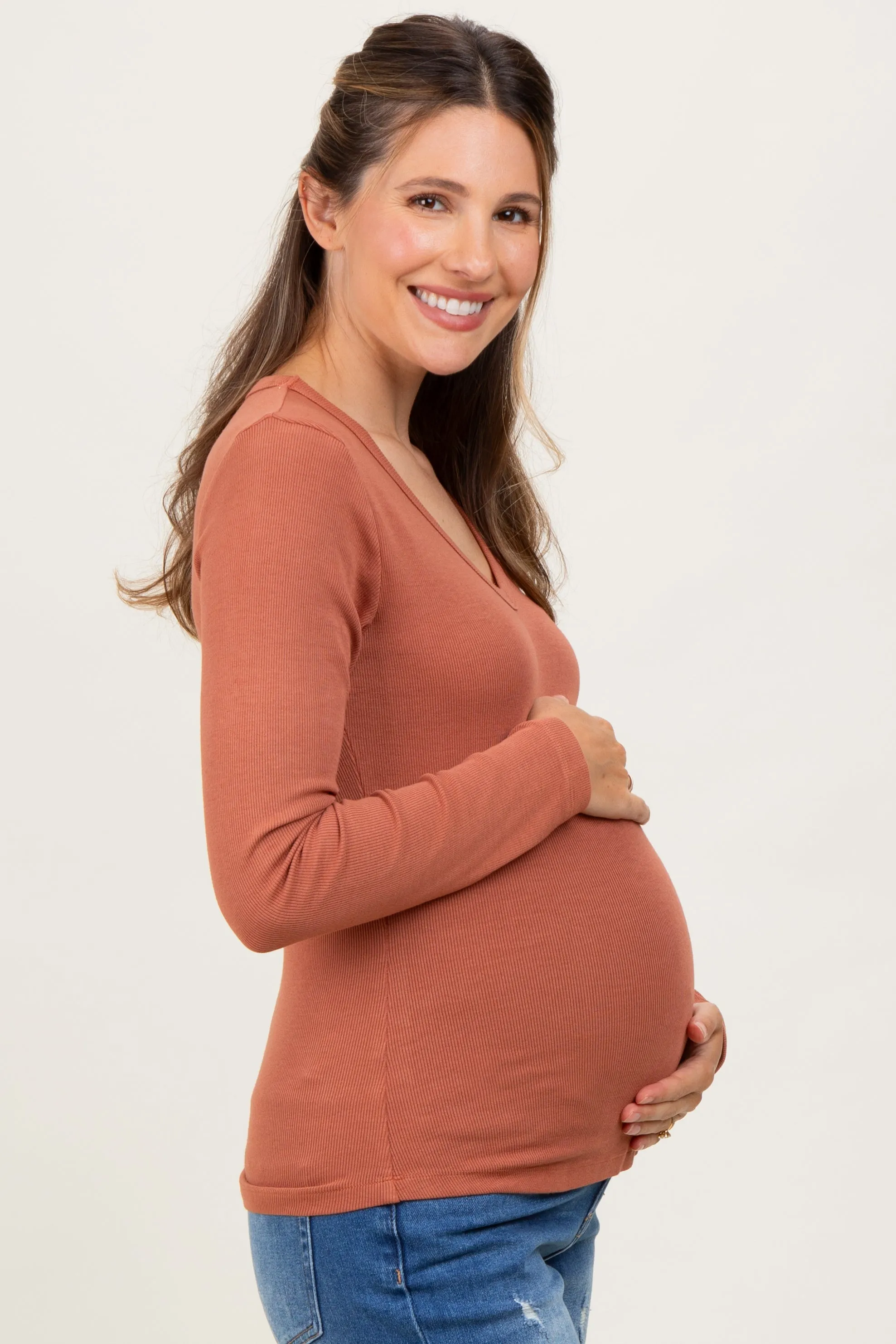 Rust Fine Rib V-Neck Maternity Long Sleeve Top sold by Pinkblush product image thumbnail 2