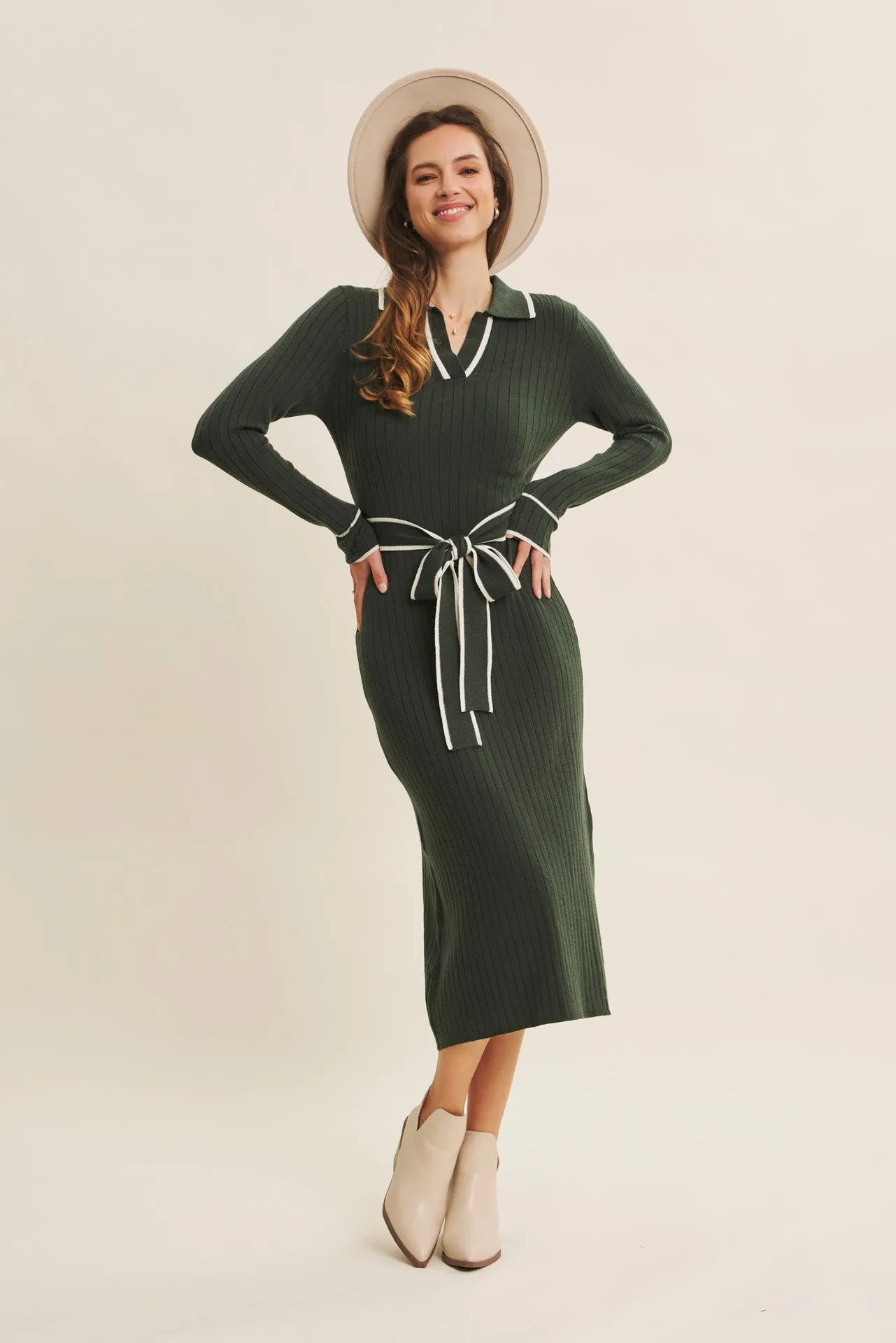 Hunter Green Soft Stretchy Rib Fitted Sweater Midi Dress sold by Pinkblush product image thumbnail 4