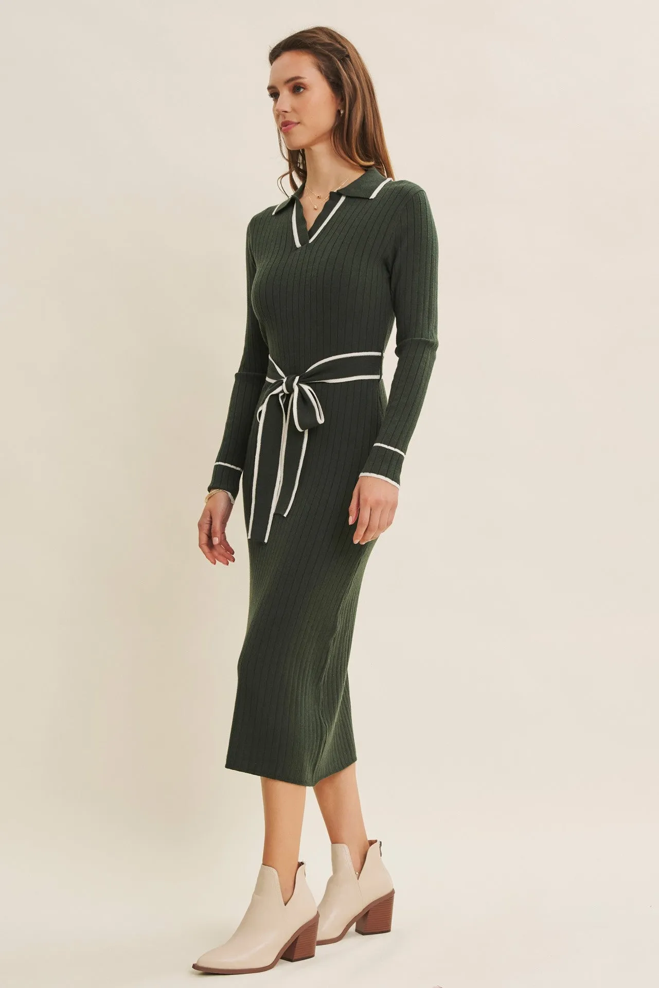 Hunter Green Soft Stretchy Rib Fitted Sweater Midi Dress sold by Pinkblush product image thumbnail 2