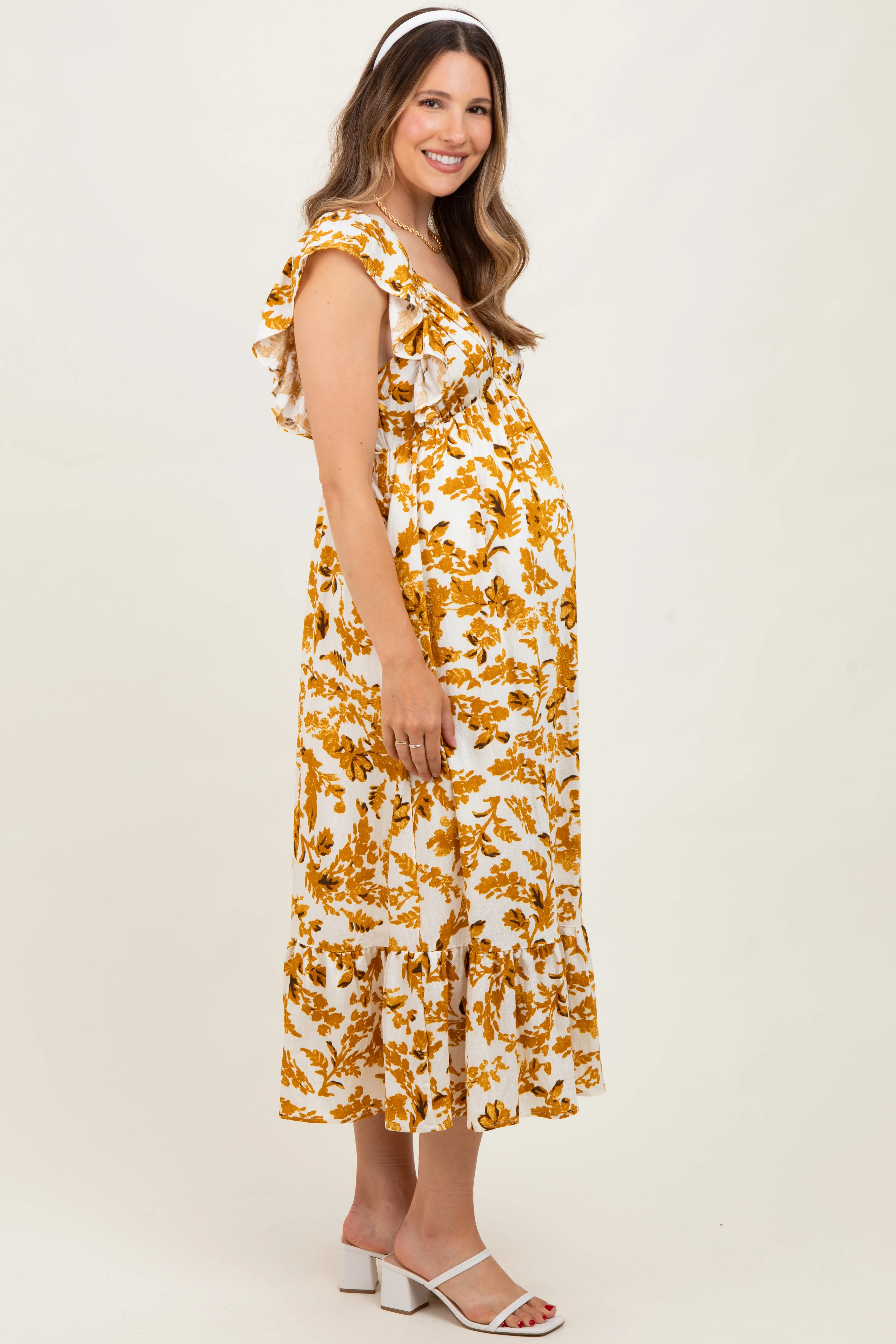 Yellow Floral V-Neck Flutter Sleeve Maternity Midi Dress sold by Pinkblush product image thumbnail 3