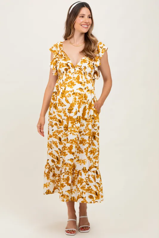 Yellow Floral V-Neck Flutter Sleeve Maternity Midi Dress sold by Pinkblush