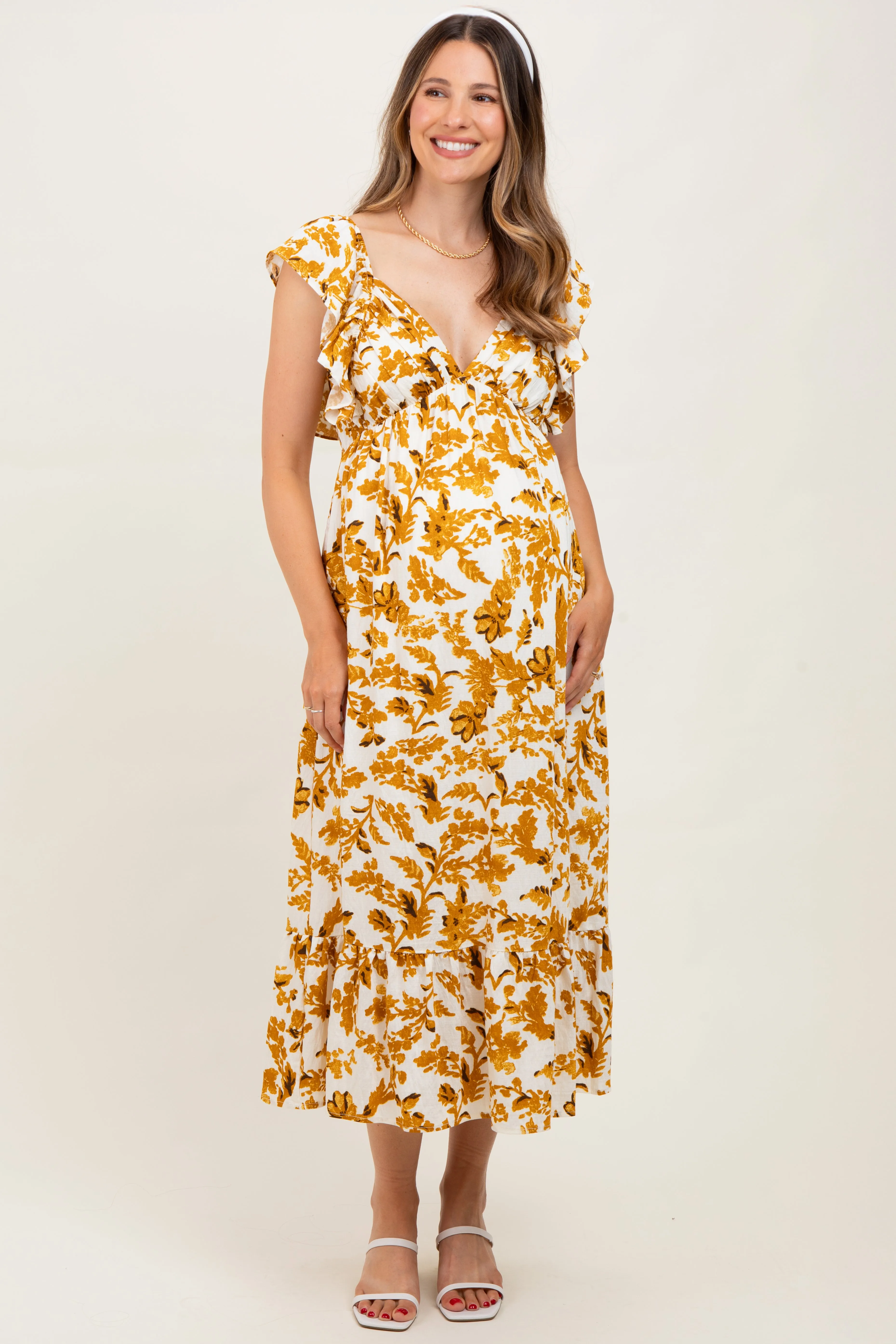 Yellow Floral V-Neck Flutter Sleeve Maternity Midi Dress sold by Pinkblush product image thumbnail 2