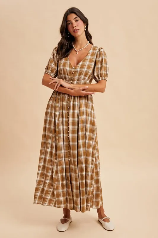 Camel Plaid Button Down Maxi Dress sold by Pinkblush