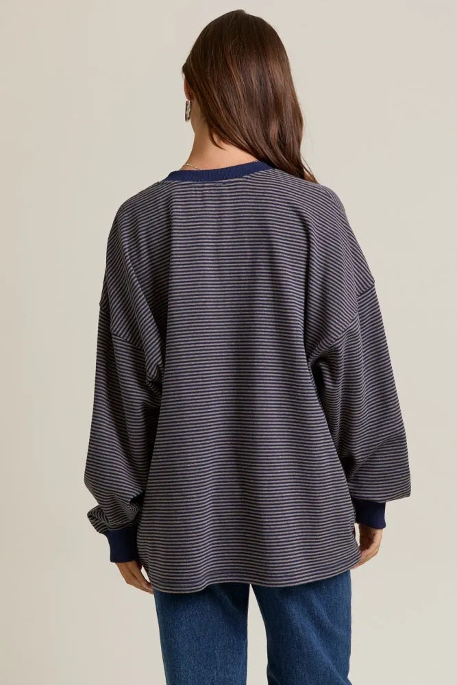 Navy Striped Oversized Button Up Pullover Top sold by Pinkblush product image thumbnail 4
