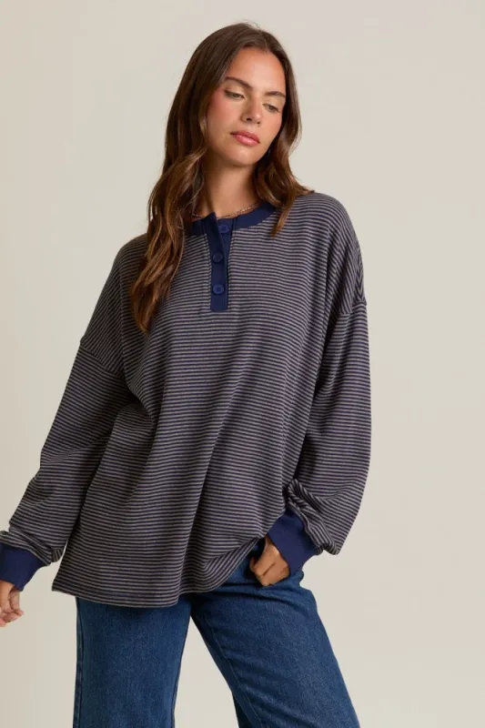 Navy Striped Oversized Button Up Pullover Top sold by Pinkblush