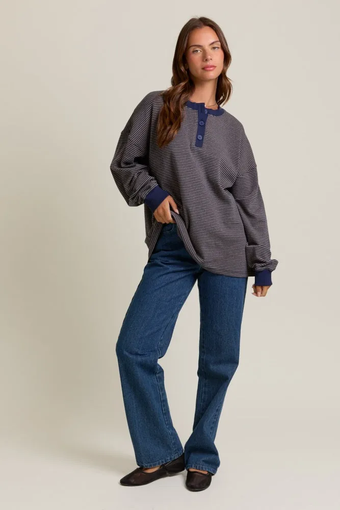 Navy Striped Oversized Button Up Pullover Top sold by Pinkblush product image thumbnail 5