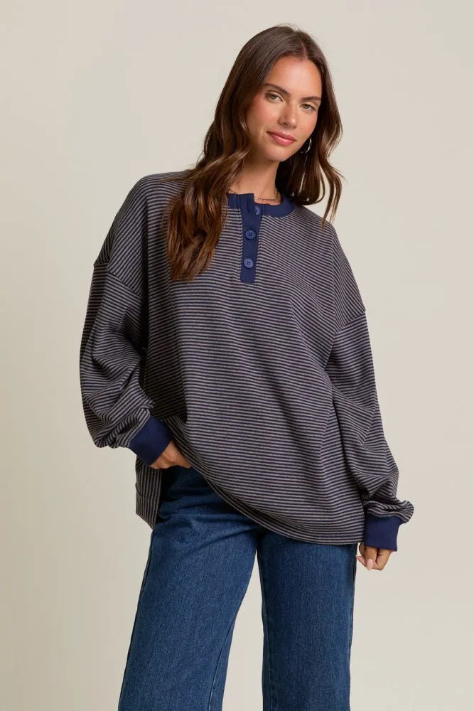 Navy Striped Oversized Button Up Pullover Top sold by Pinkblush product image thumbnail 2