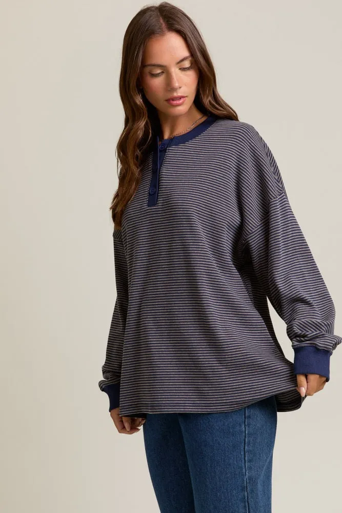 Navy Striped Oversized Button Up Pullover Top sold by Pinkblush product image thumbnail 3