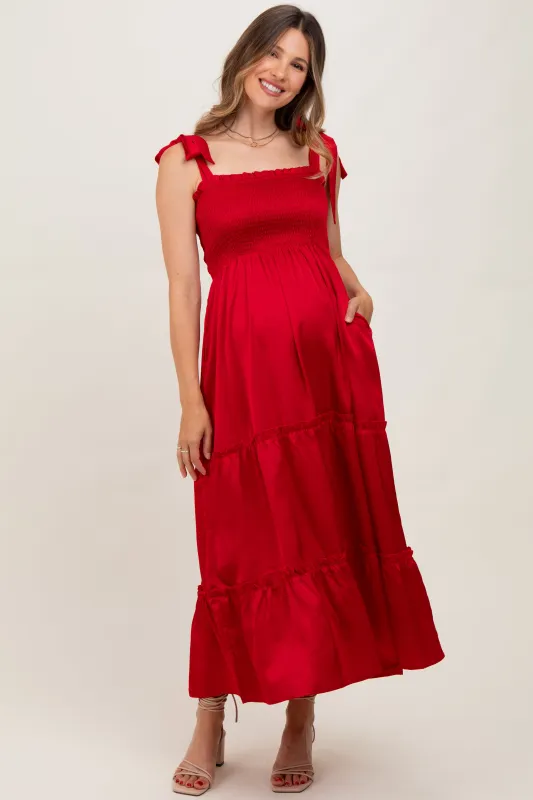 Red Satin Smocked Shoulder Tie Maternity Maxi Dress sold by Pinkblush