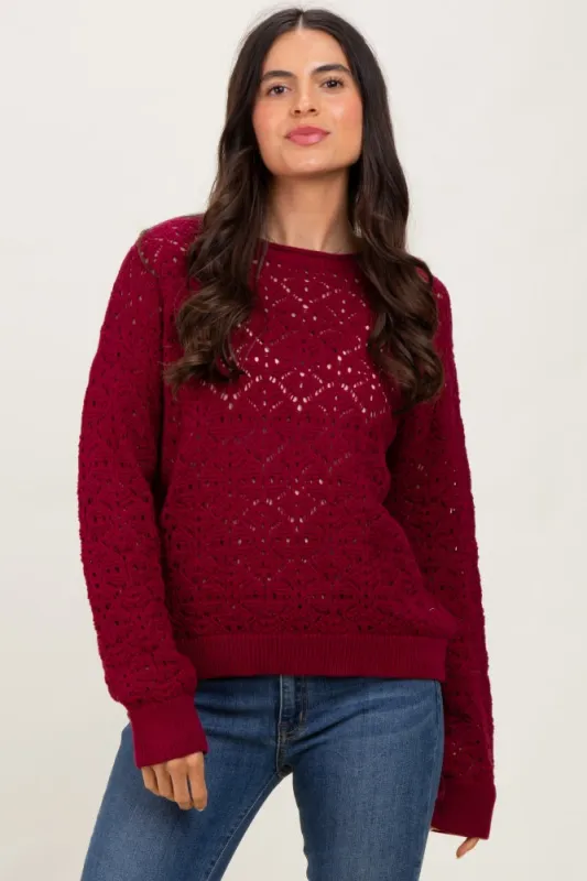 Burgundy Crochet Knit Drop Shoulder Sweater sold by Pinkblush