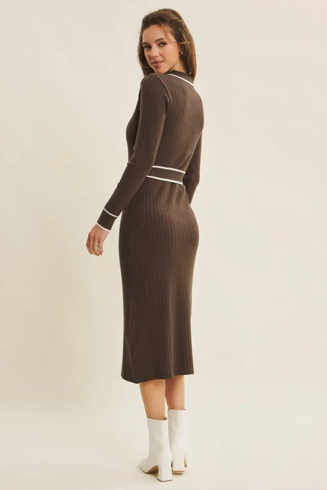 Brown Soft Stretchy Rib Fitted Sweater Midi Dress sold by Pinkblush product image thumbnail 3