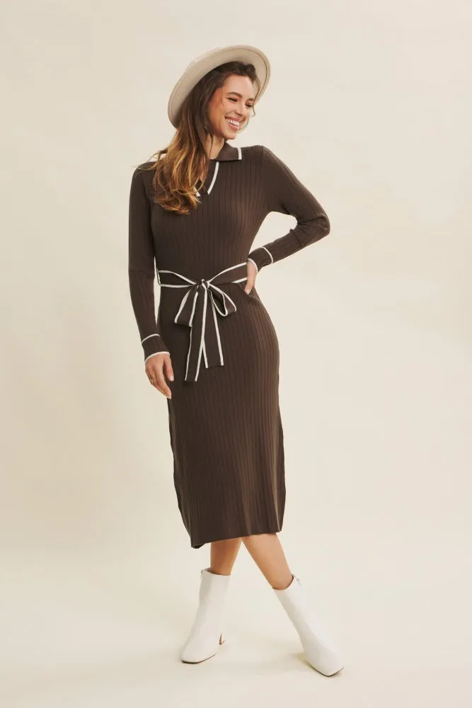 Brown Soft Stretchy Rib Fitted Sweater Midi Dress sold by Pinkblush product image thumbnail 4