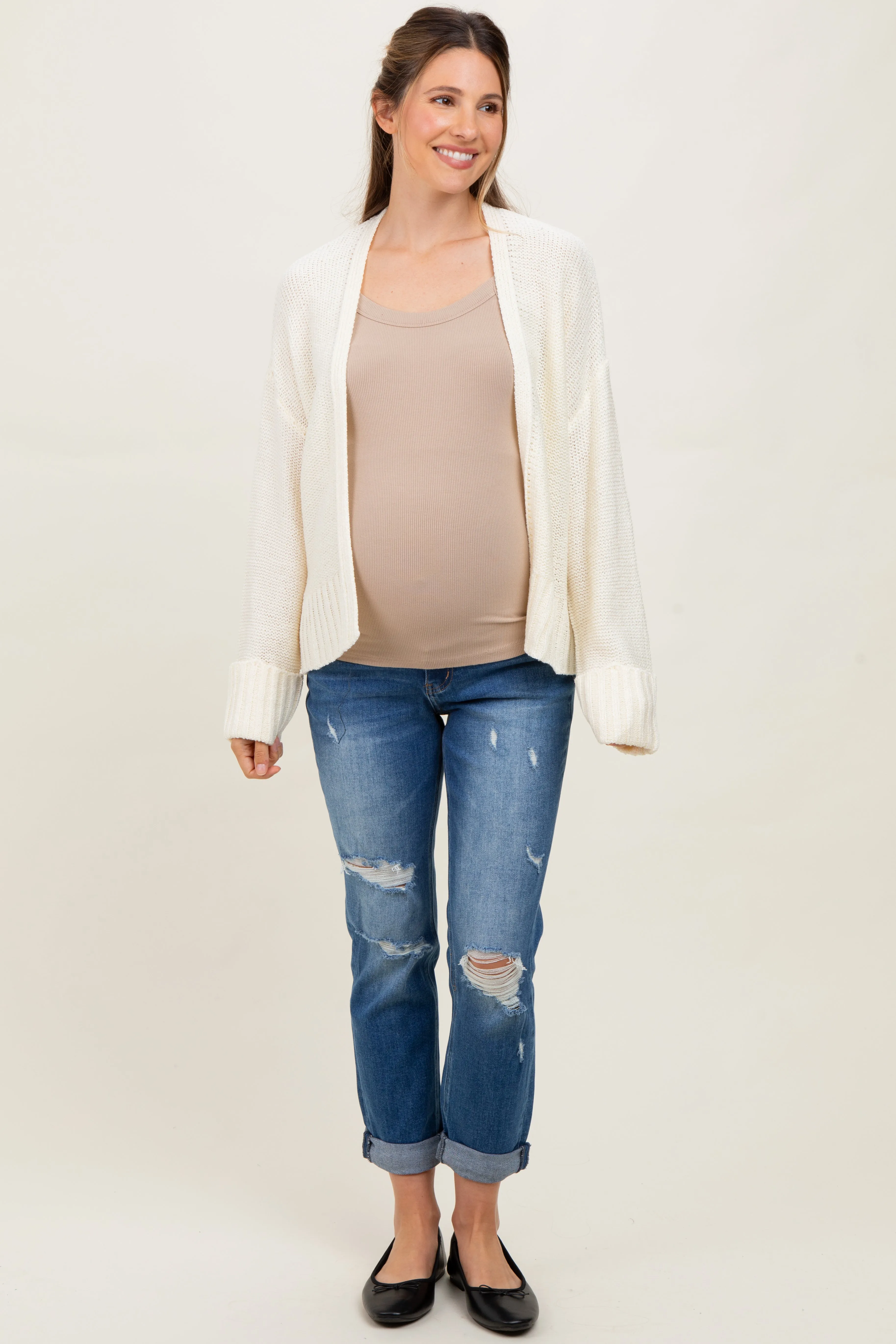 Cream Contrast Knit Open Maternity Cardigan sold by Pinkblush