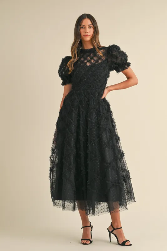 Black Ruffle Detail Swiss Dot Tulle Midi Dress sold by Pinkblush