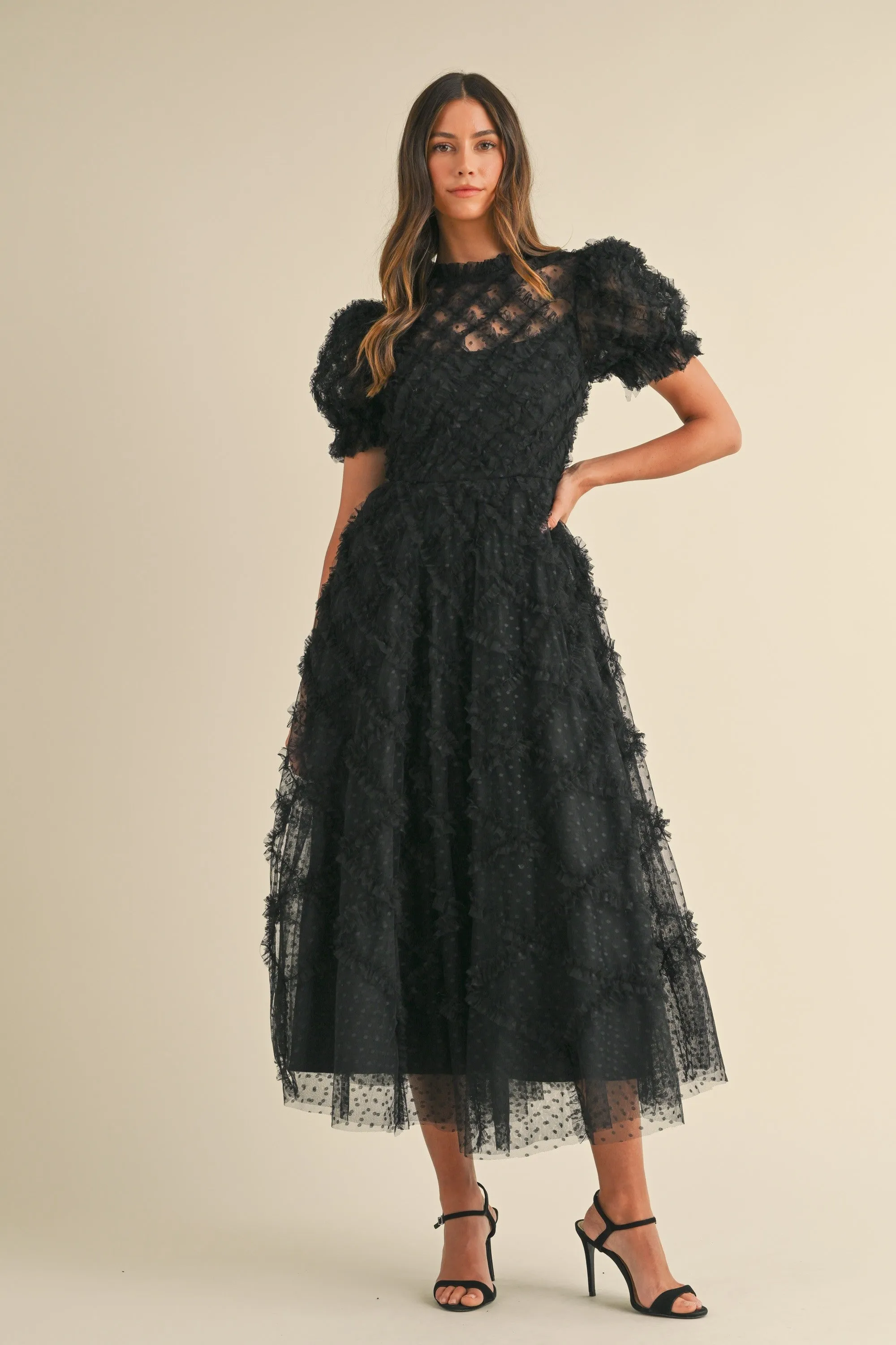 Black Ruffle Detail Swiss Dot Tulle Midi Dress sold by Pinkblush