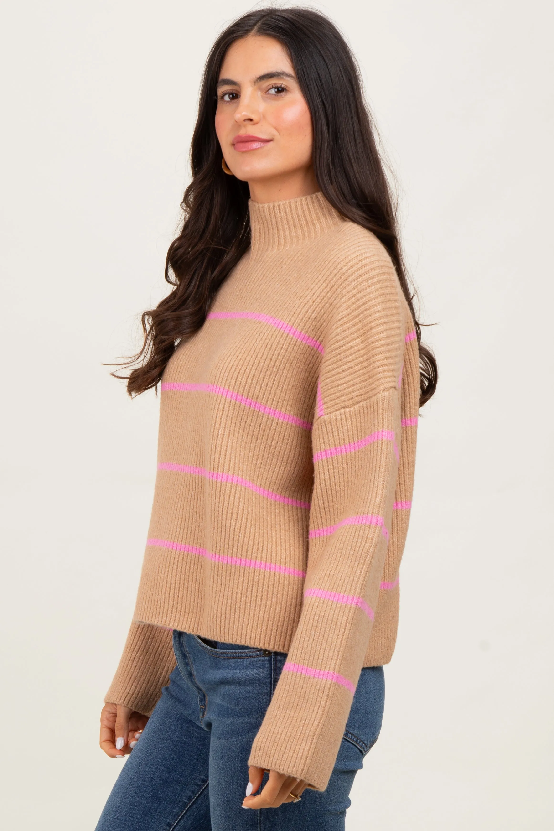 Taupe High Neck Ribbed Knit Sweater sold by Pinkblush product image thumbnail 3