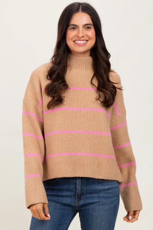 Taupe High Neck Ribbed Knit Sweater sold by Pinkblush
