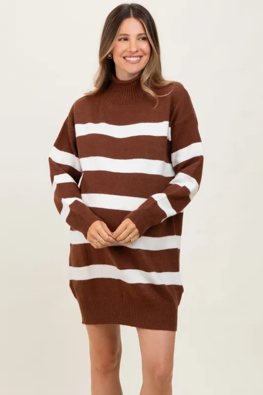 Brown Striped Knit Turtleneck Maternity Sweater Dress sold by Pinkblush