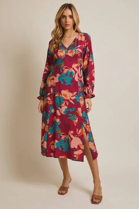 Burgundy Floral V-Neck Long Sleeve Dress sold by Pinkblush