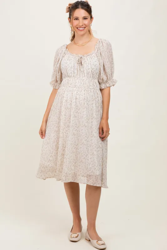 Cream Floral Square Neck Ruffle Accent Maternity Midi Dress sold by Pinkblush