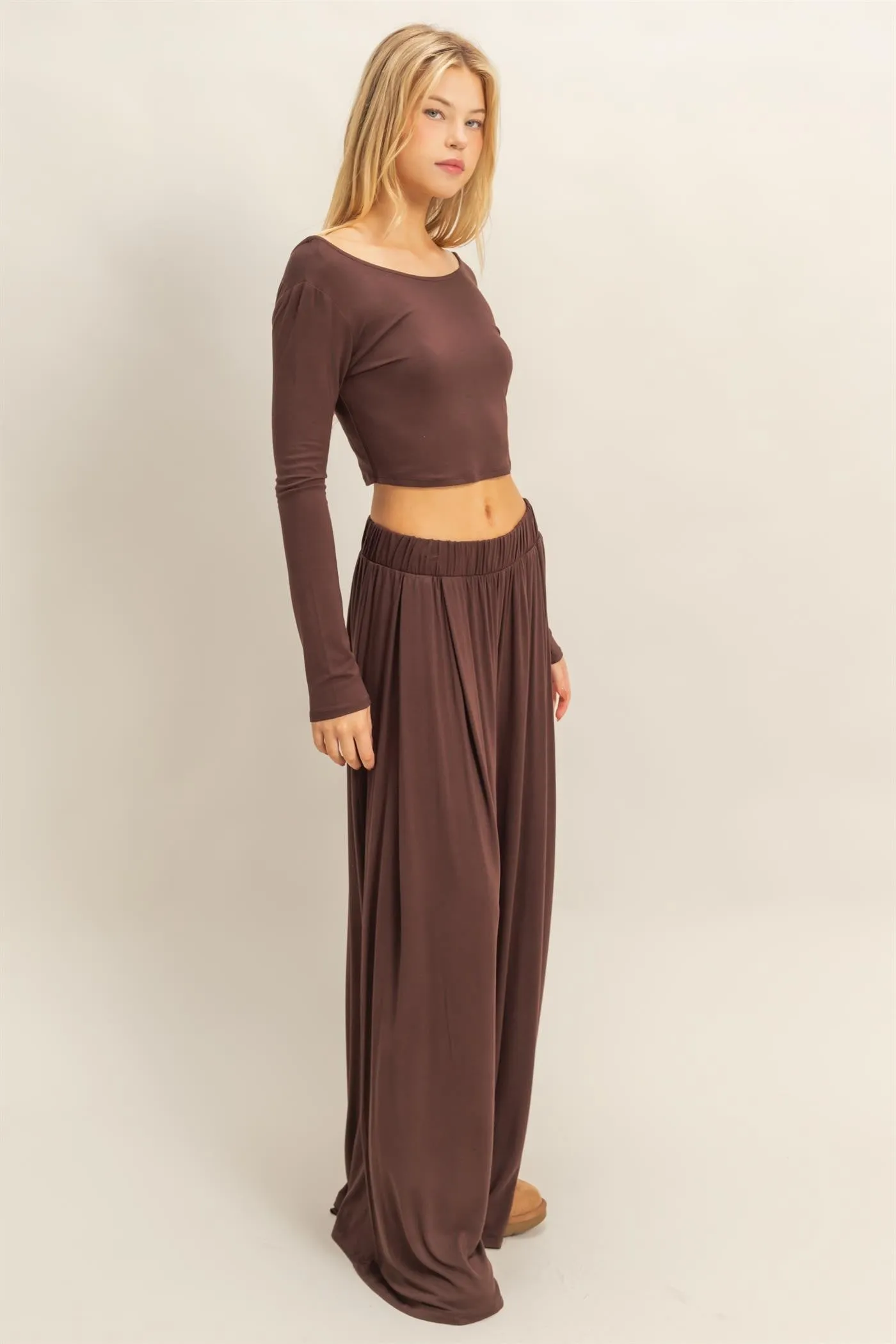 Brown Long-Sleeve Crop Top And Maxi Pants Set sold by Pinkblush product image thumbnail 2