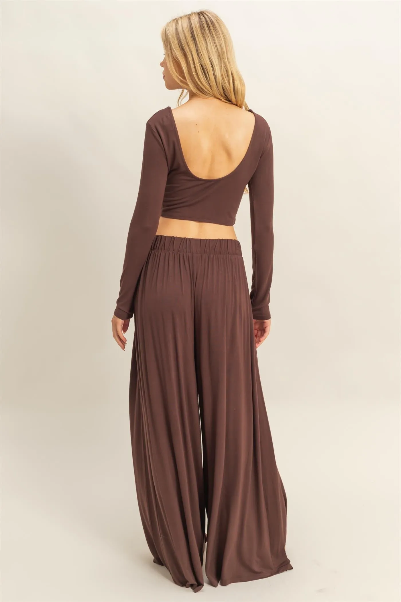 Brown Long-Sleeve Crop Top And Maxi Pants Set sold by Pinkblush product image thumbnail 3