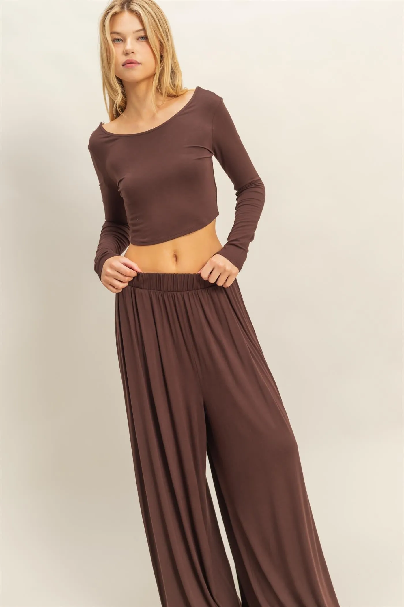 Brown Long-Sleeve Crop Top And Maxi Pants Set sold by Pinkblush product image thumbnail 4