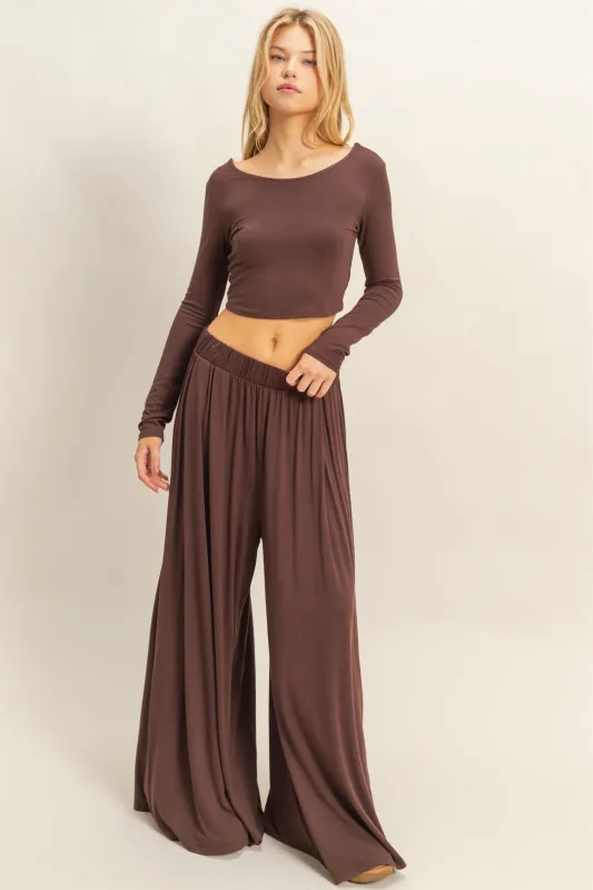 Brown Long-Sleeve Crop Top And Maxi Pants Set sold by Pinkblush