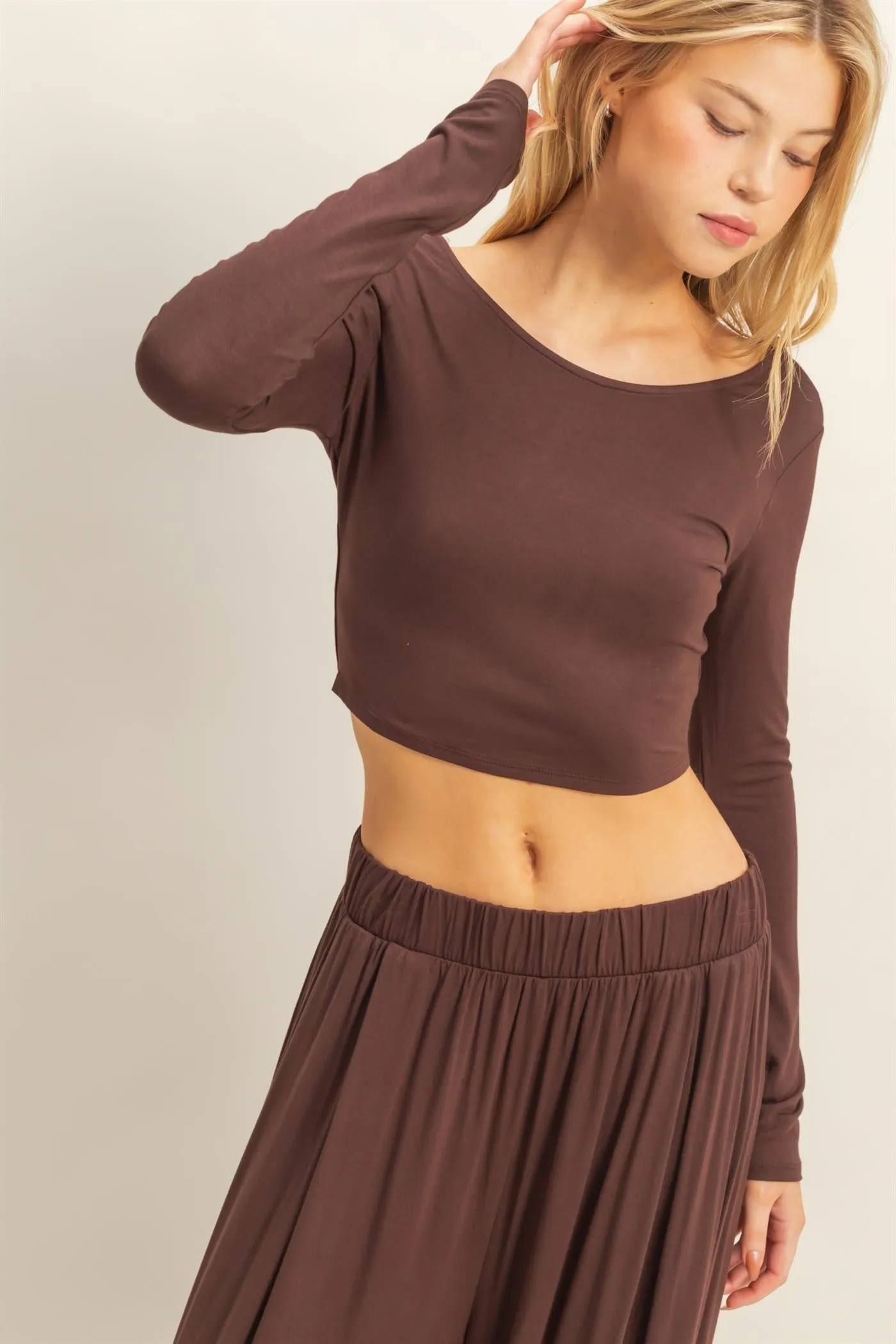 Brown Long-Sleeve Crop Top And Maxi Pants Set sold by Pinkblush product image thumbnail 5