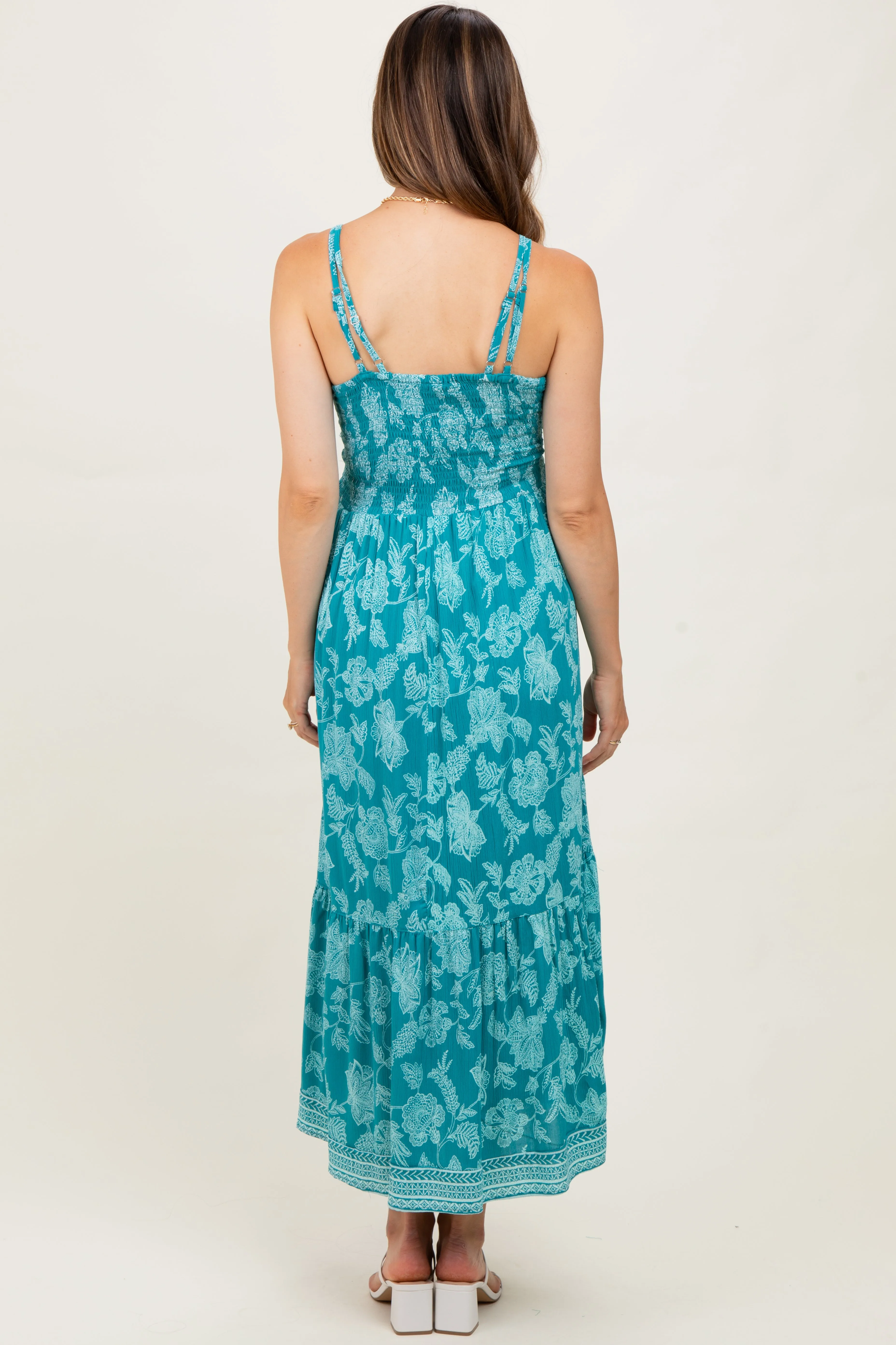 Teal Floral V-Neck Lace Trim Maternity Maxi Dress sold by Pinkblush product image thumbnail 3