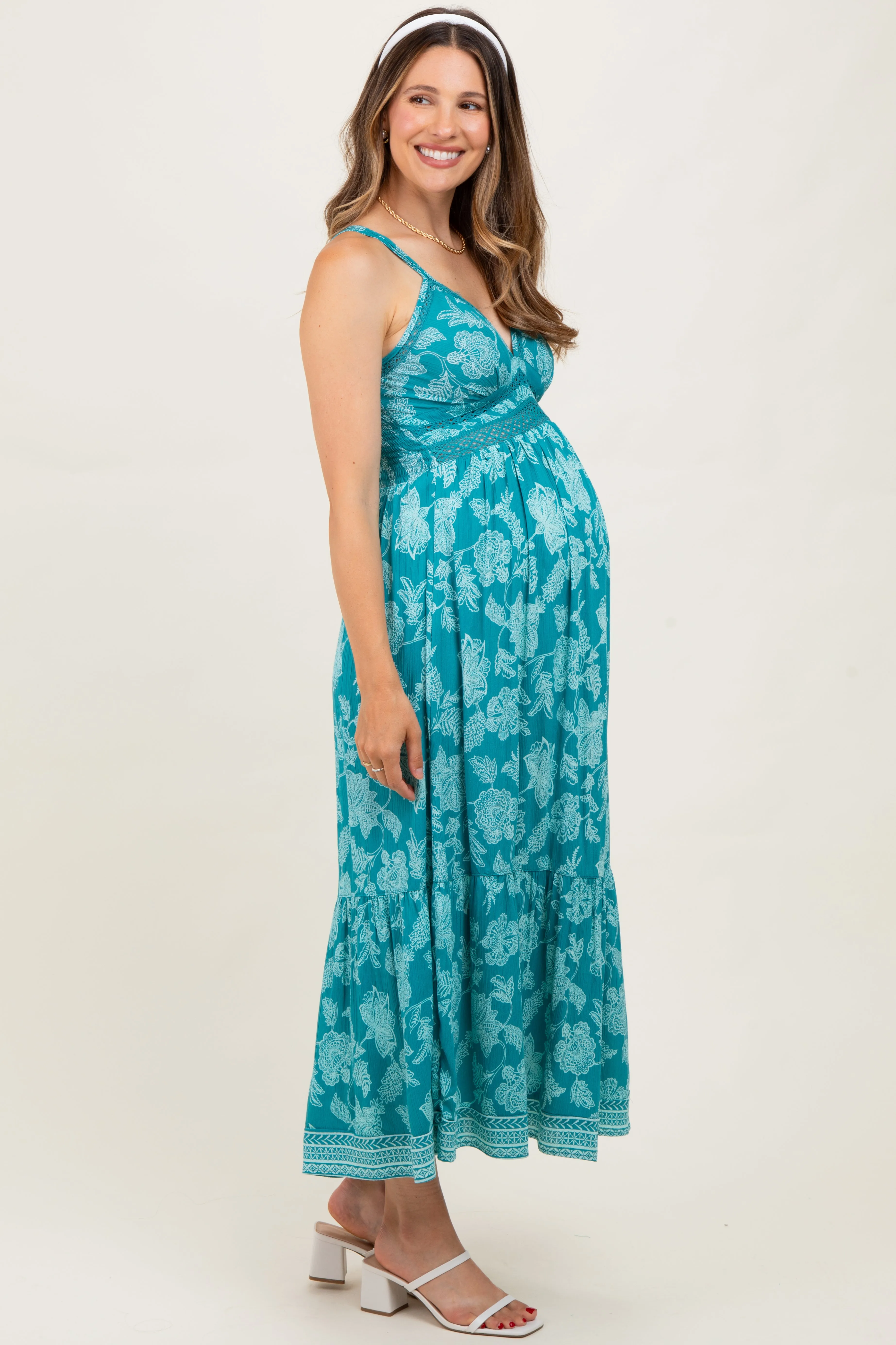 Teal Floral V-Neck Lace Trim Maternity Maxi Dress sold by Pinkblush product image thumbnail 2