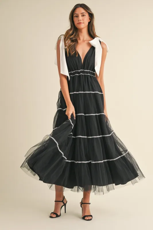 Black Shoulder Bow Tie Lace Detail Tulle Midi Dress sold by Pinkblush