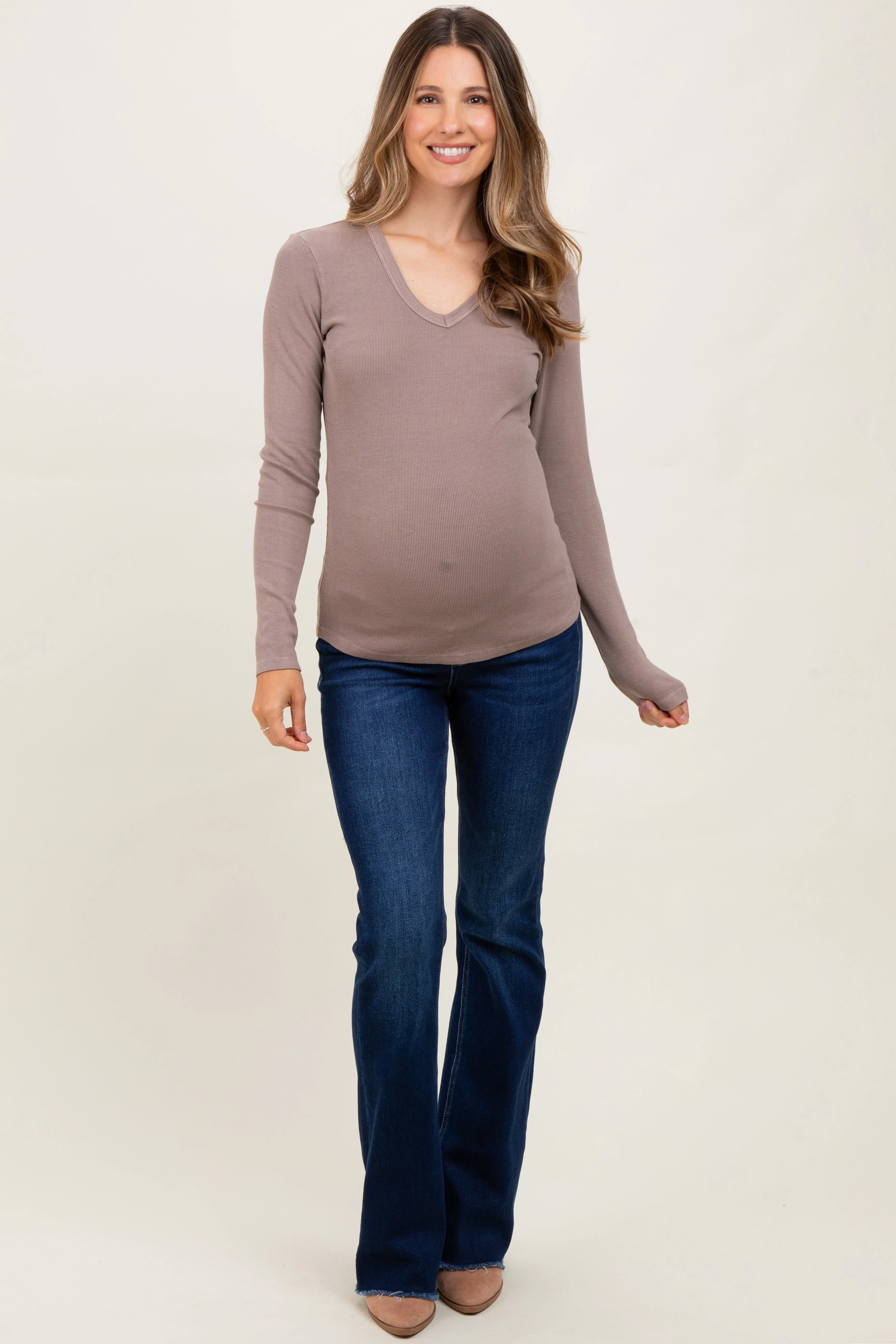Mocha Fine Rib V-Neck Maternity Long Sleeve Top sold by Pinkblush product image thumbnail 2
