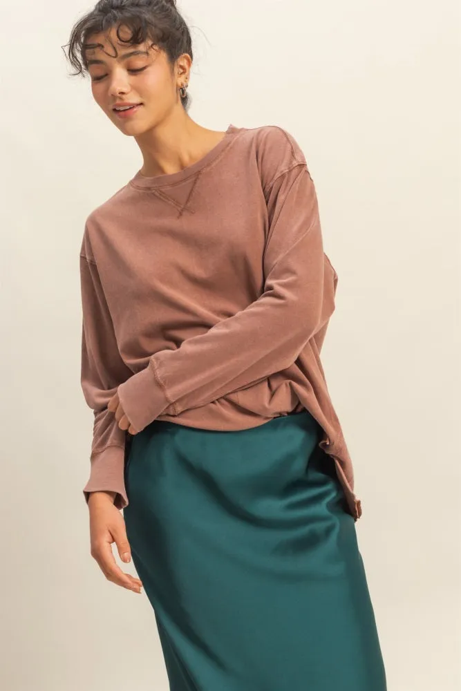 Camel Mineral Washed Drop Shoulder Long Sleeve Top sold by Pinkblush