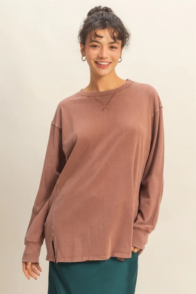 Camel Mineral Washed Drop Shoulder Long Sleeve Top sold by Pinkblush product image thumbnail 2