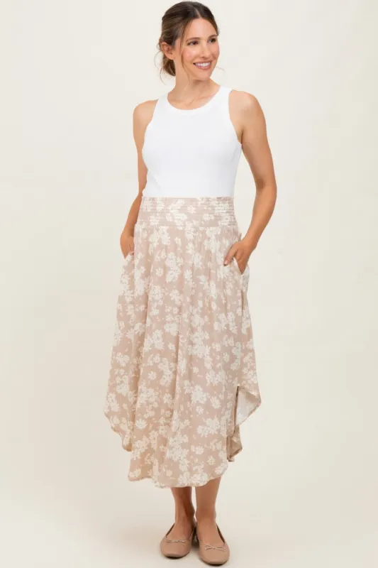 Beige Floral Smocked Waist Round Hem Maternity Maxi Skirt sold by Pinkblush