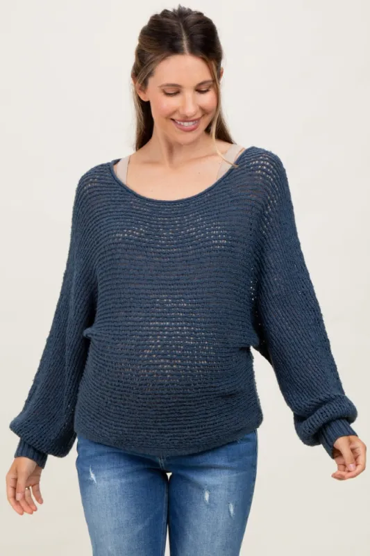 Navy Open Crochet Knit Wide Neck Maternity Sweater sold by Pinkblush