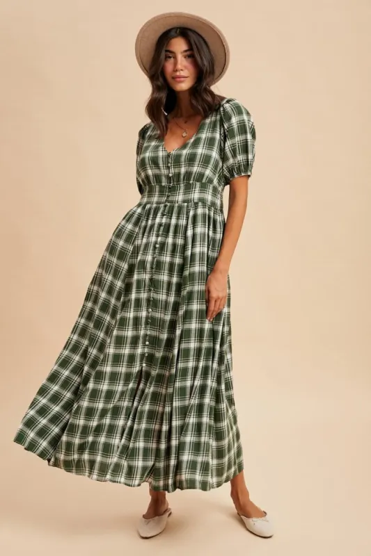 Forest Green Plaid Button Down Maxi Dress sold by Pinkblush