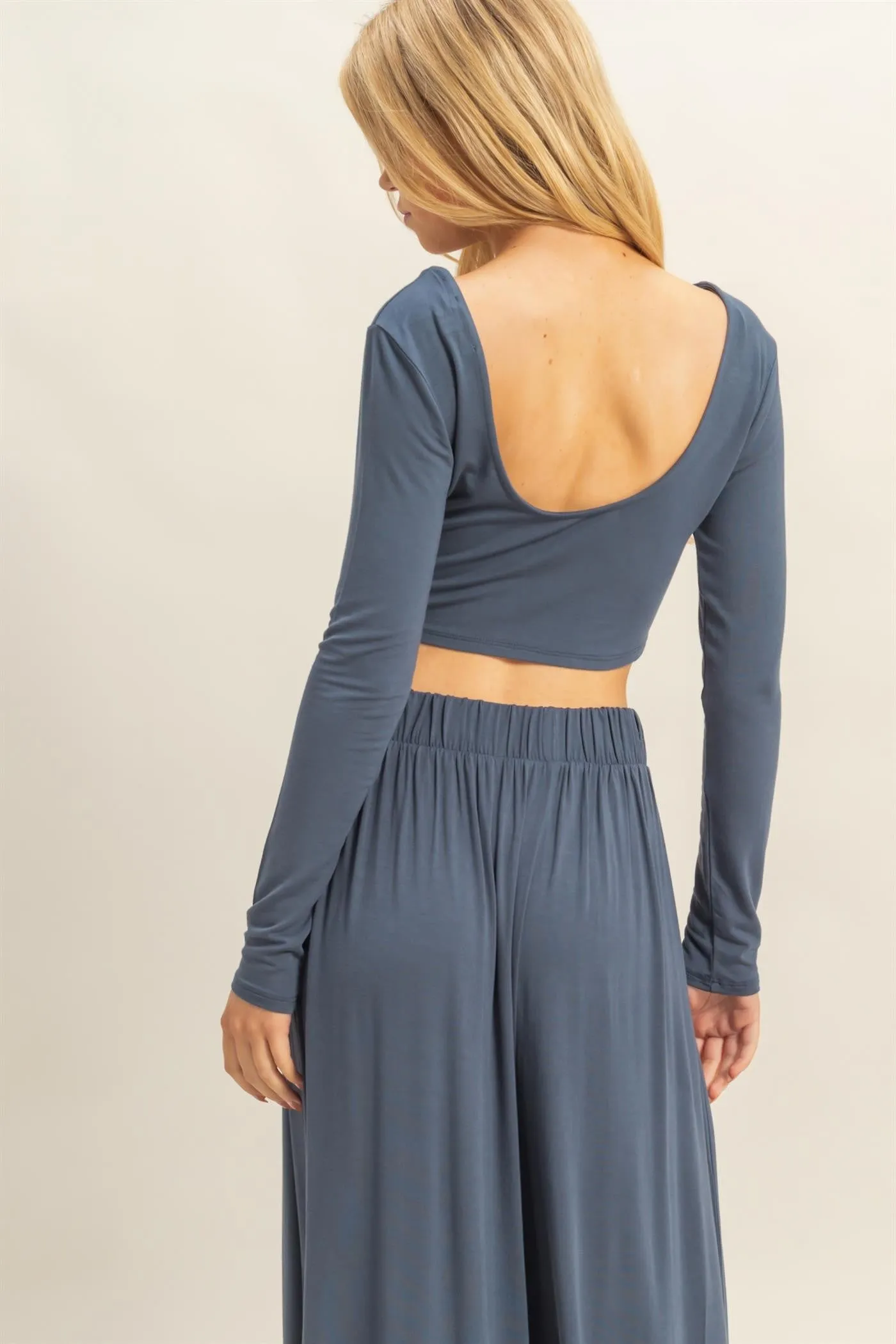 Blue Long-Sleeve Crop Top And Maxi Pants Set sold by Pinkblush product image thumbnail 4