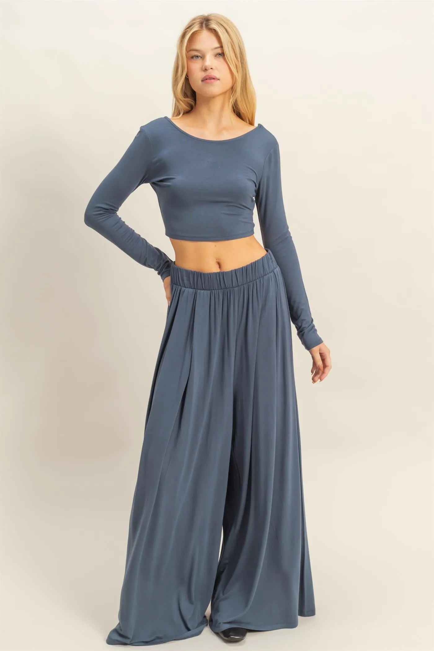 Blue Long-Sleeve Crop Top And Maxi Pants Set sold by Pinkblush